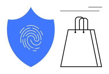 Çizgi resim çantasının yanında parmak izi olan mavi bir kalkan. Güvenli işlemleri simgeliyor. Çevrimiçi alışveriş, siber güvenlik, mahremiyet, dolandırıcılık önleme, e-ticaret, veri koruması, perakende satış için ideal