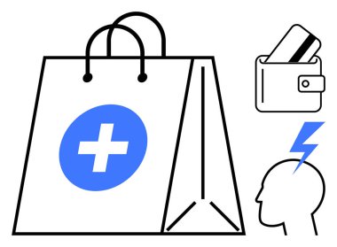 Tıbbi haçlı alışveriş torbası, içinde kredi kartı olan cüzdan, alnında yıldırım sembolü olan insan kafası. Sağlık, e-ticaret, ödeme, stres, zihinsel sağlık ve harcama için ideal