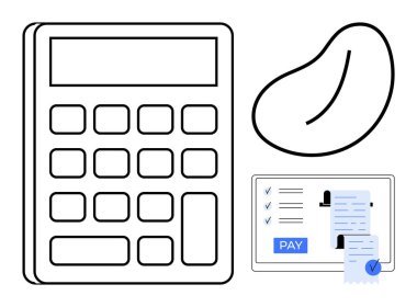 Dijital makbuzu, ödeme düğmesi ve fasulye şeklindeki bir nesnenin yanında hesap makinesi. Finans, bütçe, muhasebe, çevrimiçi ödemeler, fatura, dijital işlem masraf takibi için ideal