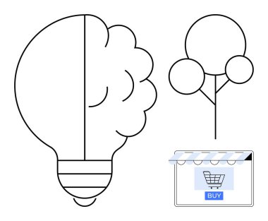 Beyni olan bir ampul, üç dairesi olan bir ağaç ve e-ticaret mağazası. Yenilik için ideal, sürdürülebilirlik, e-ticaret, çevrimiçi iş, yaratıcı düşünce yeşil teknoloji beyin gücü. Soyut