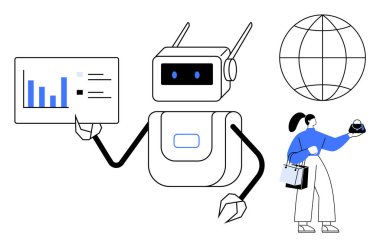 Veri tablosu tutan bir robot, VR kulaklık kullanan bir kadın, dünya temsilcisi. Teknoloji, yapay zeka, veri analizi, sanal gerçeklik, çevrimiçi alışveriş, gelecekteki yenilik eğilimleri için ideal