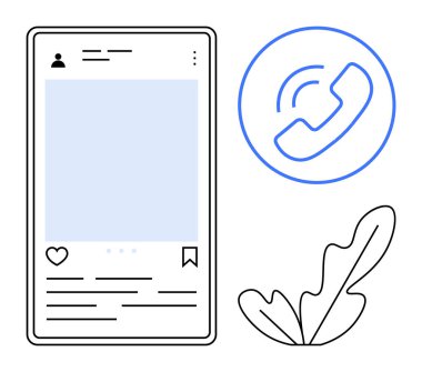 Sosyal medya paylaşımını gösteren akıllı bir telefon, mavi bir daire içindeki çağrı ikonu ve yapraklı bir bitki eşliğinde. Sosyal medya, dijital iletişim, bildirimler, çevrimiçi etkileşim için ideal