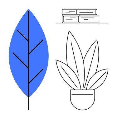 Siyah saplı mavi yaprak, dört kitap yığını, üç yapraklı saksı bitkisi. Doğa temaları, eğitim, ev dekorasyonu, minimalizm, çevre dostu kavramlar, modern tasarım soyut çizgi
