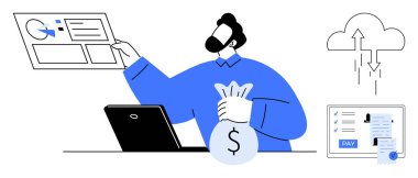 Adam bilgisayardaki finansal verileri idare ediyor, para çantasını tutuyor, bulut depolama ve çevrimiçi ödeme sistemleriyle etkileşime geçiyor. Finans, teknoloji, bulut hesaplama, çevrimiçi bankacılık, dijital cüzdanlar için ideal