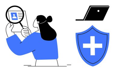 Kimliği büyüteçle, laptopla ve kalkanla çapraz ikonla inceleniyor. Kimlik doğrulama, siber güvenlik, dijital güven, kişisel veri koruması, sağlık bilgi güvenliği için ideal