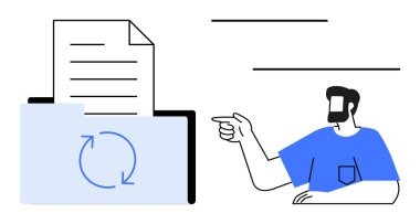 Senkronize simge içeren dosya dizinine bakan adam. Veri yönetimi, güncellemeler, organizasyon, senkronizasyon, bilgi teknolojisi, zaman yönetimi ve ofis işleri için ideal. Mavi