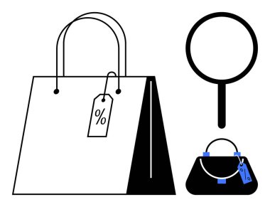 Üstünde indirim etiketi olan büyük bir alışveriş çantası, büyüteç ve indirim etiketi olan bir çanta. Perakende, e-ticaret, indirim, satış promosyonu, tüketici davranışı, piyasa araştırması müşteri ilişkileri için ideal