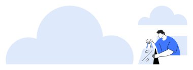 İndirimli yüzde sembolü olan bir alışveriş çantası tutan adam. E-ticaret, çevrimiçi alışveriş, bulut teknolojisi, satış tanıtımı, dijital pazarlama, müşteri ilişkileri, perakende sektörü için ideal