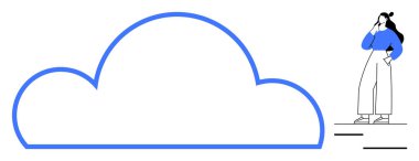 Mavi kazaklı ve beyaz pantolonlu kadın büyük mavi bulut şeklinin sağında düşünceli bir şekilde duruyor. Yenilik, yaratıcılık, beyin fırtınası, bulut hesaplaması, gelecek planlama, teknoloji için ideal