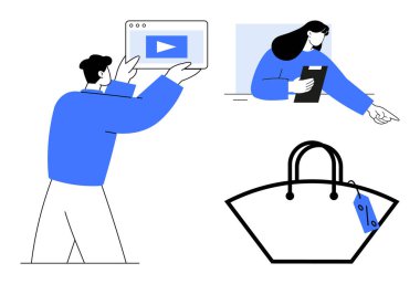 Adam tablette video gösteriyor, kadın tabletle işaret ediyor, fiyat etiketli alışveriş çantası. E-ticaret, çevrimiçi pazarlama, dijital satış, promosyon, reklam stratejisi, iş için ideal