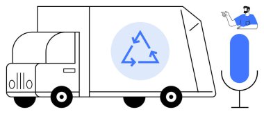 Üçgen oklu geri dönüşüm kamyonu, büyük mikrofon, el kol hareketi. Sürdürülebilirlik, geri dönüşüm, atık yönetimi, iletişim, çevre kampanyaları, halk arasında konuşma bilinci için ideal