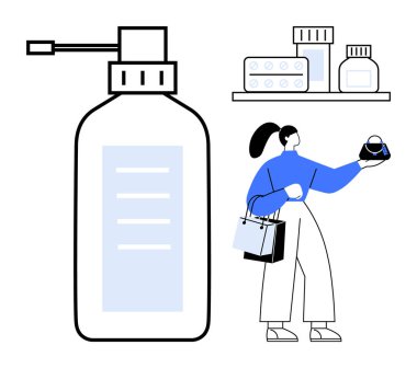 Cilt bakımı yapan bir kadın alışveriş poşetleri taşırken büyük bir losyon şişesi ve cilt ürünleriyle dolu bir eczane rafının yanında duruyor. Perakende, cilt bakımı, kozmetik, sağlık hizmetleri için ideal