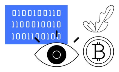 Mavi dikdörtgen üzerine ikili kod, vurgu çizgileri olan göz, meşe yapraklı Bitcoin sembolü. Veri güvenliği, engelleme zinciri, mahremiyet, kripto para birimi, analiz, teknoloji görüşü soyut çizgi için ideal