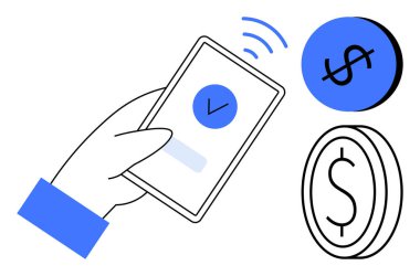 Elinde işaretli akıllı telefon, mavi sinyal dalgaları var. Mavi çemberde dolar işareti, madeni para simgesi. Fintech, mobil ödemeler, dijital cüzdanlar, çevrimiçi işlemler, e-ticaret finansal uygulamaları için ideal