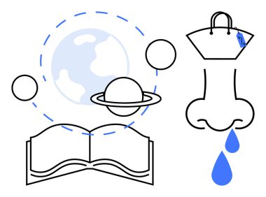 Dünya, gezegenler, Satürn 'ün halkaları, alışveriş torbası, eğitim, seyahat, kozmoloji, tüketim sağlığı ve yaratıcı düşünceler için ideal burun damlası. Basit soyut çizgi düz