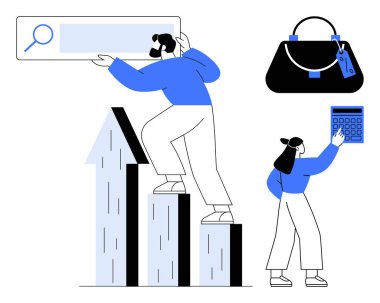 İki takım üyesi iş analitiği yapıyor, arama aracı kullanarak, veri hesaplayarak bar tablosuna tırmanıyorlar. Ticari büyüme, takım çalışması, piyasa analizi, başarı, strateji planlaması için ideal