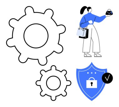 Büyük ve küçük vitesler, elinde küre olan bir insan ve kilit ve işaretli mavi bir kalkan. Teknoloji, e-ticaret, siber güvenlik, sistem optimizasyonu, çevrimiçi alışveriş, küresel koruma için ideal