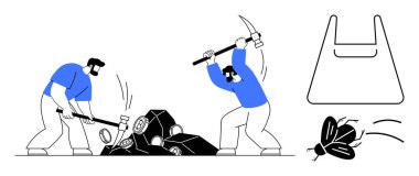 İki işçi kazmaları kömür kırmak için kullanıyor, plastik bir torbayla ve yakınlarda uçuyorlar. Çevre sorunları, kirlilik, iş gücü, sürdürülebilirlik, atık yönetimi, eko-farkındalık, sanayileşme için ideal