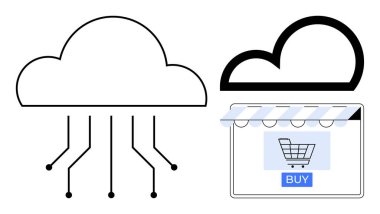 Devre çizgilerine bağlı bulut, teknolojiyi temsil ediyor, bir mağaza önü ikonu içinde bir alışveriş arabasının yanında. E-ticaret, çevrimiçi alışveriş, bulut hesaplama, dijital iş, teknoloji için ideal