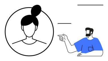 Mavi gömlekli erkek figürü, yuvarlak çerçeveli, çörek saç stili bir kadını işaret ediyor. İletişim, eğitim, etkileşim, işyeri dinamikleri, rehberlik, işaret hareketleri için ideal