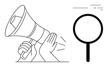 Bir mesajı büyütmek ve bilgi aramak gibi cam konseptinin yanında el ele tutuşan megafon yayma sesi. Pazarlama, iletişim, reklam, araştırma ve müşteri için ideal