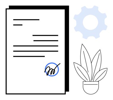 Saksı bitkisi ve dişli dişli dişlinin yanında imzalanmış belge anlaşma, büyüme ve verimliliği simgeler. İş için ideal, yasal sözleşmeler, büyüme stratejileri, üretkenlik, ofis ortamı, yönetim