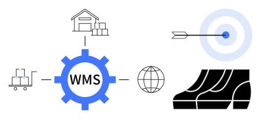 Depo, paketler, WMS, dünya, hedefi vuran ok, kutular. Lojistik, envanter yönetimi nakliye verimliliği doğruluk tedarik zinciri başarısı için idealdir. Soyut satır düzlüğü