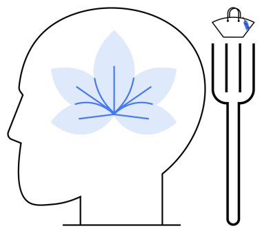 Line drawing of head profile with blue flower inside brain, fork with building at top. Ideal for mental health, mindfulness, cognitive therapy, mind-body connection, wellness, healthcare, abstract clipart