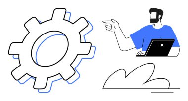 Dizüstü bilgisayarda çalışan mavi gömlekli adam, teknik problem çözmeyi temsil eden büyük teçhizatı gösteriyor. Teknoloji, yenilik, takım çalışması, mühendislik, işbirliği, süreç için ideal