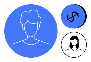 Mavi çemberdeki erkek profili, siyah çemberdeki kadın profili, mavi çemberdeki dolar işaretinin üzeri çizilmiş. Mali mücadele, cinsiyet temsili, ekonomik kriz, asgari tasarım, sosyal tasarım için ideal