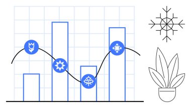 Çiçek ve kar tanesi simgeleri kullanılarak mevsimsel veri eğilimlerini gösteren çubuk grafik ve çizgi çizelgesi. Bir saksı bitkisi ve kar tanesi görüntüsü içeriyor. İklim çalışmaları için ideal, iş tahminleri, çevre