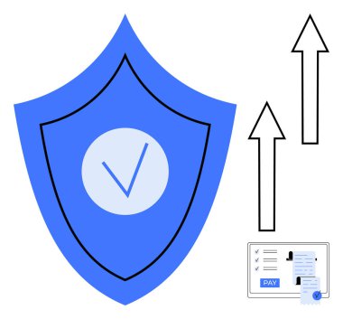 Üzerinde işaret olan büyük mavi bir kalkan, iki yukarı doğru ok, ödeme düğmesi olan dijital ödeme belgesi. İş güvenliği, finansal büyüme, çevrimiçi işlemler, veri koruması, dijital