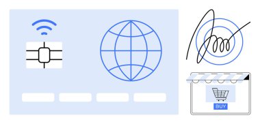 Kredi kartında kablosuz bir çip, küresel işlemler için küresel bir sembol ve alışveriş arabasının yanında güvenli dijital imza var. Çevrimiçi güvenlik, fintech, küresel ticaret, e-ödemeler için ideal