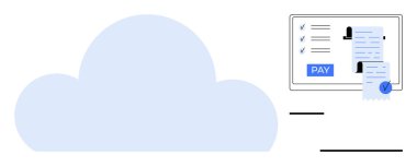 Kontrol işaretleri, kullanıcı simgeleri ve bir makbuzla ödeme arayüzünü gösteren dijital ekranın yanında büyük bir bulut sembolü. Bulut depolama, finans, e-ticaret, otomasyon, teknoloji için ideal