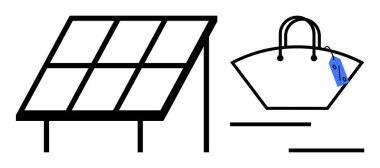 Güneş paneli sistemi ve fiyat etiketli çevre dostu alışveriş çantası sürdürülebilirliği ve çevre dostu seçenekleri vurguluyor. Yeşil enerji için ideal, sürdürülebilir alışveriş, yenilenebilir kaynaklar, ekolojik bilinç