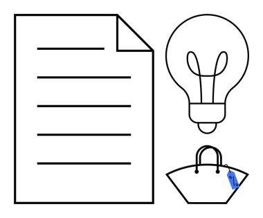 Çizgileri, ampulü ve mavi etiketli alışveriş torbası olan kağıt belgeler. İş stratejisi, piyasa araştırması, çevrimiçi alışveriş, yenilik, yaratıcılık, fikir üretimi alışveriş teması için ideal