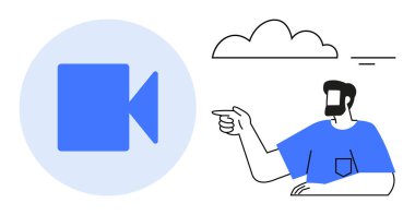 Üzerinde bulut olan mavi video kamera ikonuna sakallı bir adam bakıyor. Video üretimi için ideal, içerik oluşturma, bulut hizmetleri, çevrimiçi eğitim, iletişim, reklam, öğretim