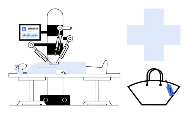 Hayati organlarını gösteren bir monitörle hastaya ameliyat yapan tıbbi robot. Sağlık hizmetini ve fiyat etiketli bir çantayı simgeleyen mavi haç sembolü. Sağlık ve ameliyat için ideal.