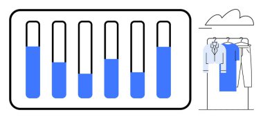 Askılarda mavi renk ve giysi parçalarıyla kısmen dolu her çubuk grafiği. Veri analizi, iş raporları, gardırop yönetimi, organizasyon, istatistik, sunumlar için ideal