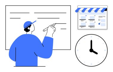 Çevrimiçi bir mağaza planlarken tahtaya yazı yazan kişi, saat ve web sitesi düzenleme elemanları. İş stratejisi, planlama, zaman yönetimi, e-ticaret, çevrimiçi pazarlama, proje için ideal