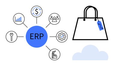 Fiyat etiketli ERP sistemi, finans, insan kaynakları, üretim, analitik, araçlar ve alışveriş torbaları için ikonlar. Perakende satış, iş süreci entegrasyonu, verimlilik yönetimi satışları için ideal
