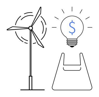 Rüzgar türbini enerji üretiyor, dolar işaretli ampul tasarruf öneriyor, alışveriş torbası ticareti gösteriyor. Yenilenebilir enerji, maliyet tasarrufu, ticaret, yenilik, sürdürülebilirlik için ideal