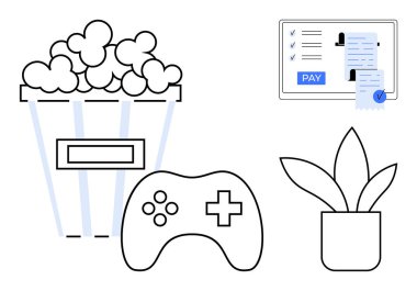 Patlamış mısır kovası, oyun kumandası, saksı bitkisi ve online ödeme ekranı. Eğlence, rahatlama, online alışveriş, oyun zamanı dijital deneyimler ve kapalı mekan estetiği için idealdir. Düz