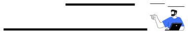 Dizüstü bilgisayarı sağ tarafı gösteren kişi, siyah yatay çizgiler dinamik hareket yaratıyor. İş yönetimi, rehberlik, ilerleme, liderlik, strateji planlaması, yenilik, dijital