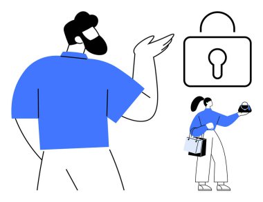 Kilit simgesine doğru hareket eden adam güvenliği temsil ediyor, alışveriş çantalı kadın akıllı telefon kullanıyor. Siber güvenlik, çevrimiçi alışveriş, mahremiyet, dijital işlemler, veri koruması için ideal