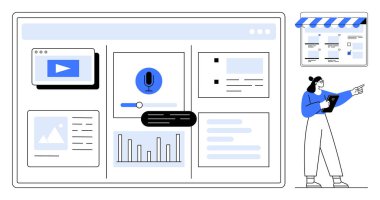 Dijital içerik yöneticisi analitik, video ve mikrofon simgesi ile web panelinde multimedya düzenliyor. İçerik yönetimi, veri analizi, çevrimiçi pazarlama, medya üretimi, iş akışı için ideal