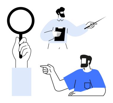 Elle tutulan büyüteç, işaret eden kişi, ve pano ve işaretleyici ile sunulan kişi. Araştırma, araştırma, yön, eğitim, sunum analizi için ideal. Soyut çizgi