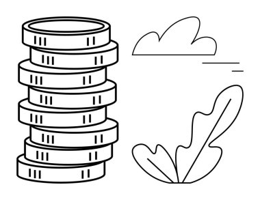 Şekil verilmiş bir yaprak ve soyut bir bulutun yanında yığınla bozuk para. Finans, tasarruf, yatırım, büyüme, zenginlik, refah ve ekonomi için ideal. Basit soyut çizgi düz metaforu