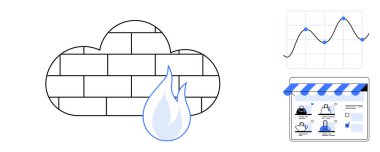 Alevli bulut şekilli tuğla duvar, veri noktaları olan grafik çizelgesi, ürünleri ve tenteleri olan çevrimiçi mağaza. Siber güvenlik, veri koruması, çevrimiçi alışveriş, internet analizi, e-ticaret güvenliği için ideal