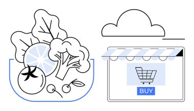 Taze ürünler arasında domates, portakal, brokoli alışveriş arabasının yanında bir alışveriş arabasının ikonu ve satın alma düğmesi de var. Çevrimiçi market alışverişi, organik üretim, e-ticaret için ideal.